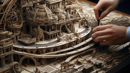 An architect designs a model of a building - obrazy, fototapety, plakaty