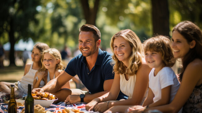 Aussie Picnic: Families and friends enjoying a picnic in a lush park, complete with games and activities for Australia Day