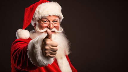A cheerful Santa Claus in his traditional red attire gives a thumbs-up, exuding the festive spirit of Christmas with his jolly smile and snowy white beard.