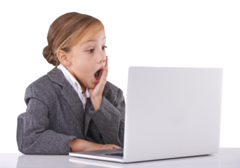 Child, business and laptop or shock play outfit or future boss dream, isolated on transparent png background. Girl, suit and glasses for study work internet for cosplay worker, funny or kindergarten