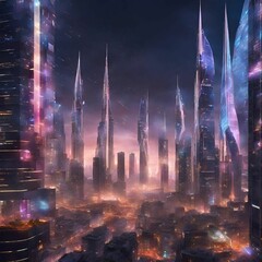 City with glass skyscrapers that soar into the sky, illuminating the night with their vibrant lights.