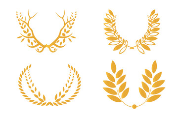Laurel gold vector illustration in white background. Circular laurel foliate, wheat and oak wreaths depicting an award, achievement, heraldry, nobility on white background. Emblem floral greek branch 
