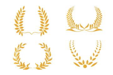 Laurel gold vector illustration in white background. Circular laurel foliate, wheat and oak wreaths depicting an award, achievement, heraldry, nobility on white background. Emblem floral greek branch 