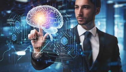 Abstract palm hands holding brain with network connections, innovative technology in science and communication concept