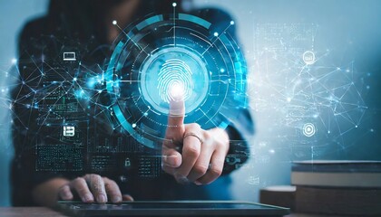 Cyber security, Technology safety of future and Biometric identification on internet, Fingerprint scan provides access of security and identification of business, Banking and finance, Cloud computing