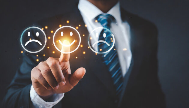 Finger of businessman touching and check mark icon face emoticon smile on dark background, service mind, service rating. Satisfaction and customer service concept