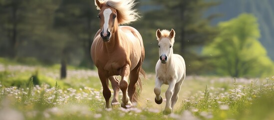 A mare and foal of Haflinger breed gallop across a paddock during the summer season