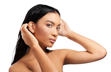 Portrait, skincare and woman with cosmetics, wellness and grooming routine on a transparent background. Face, person and model with smooth, health and shine with glow, beauty and png with aesthetic