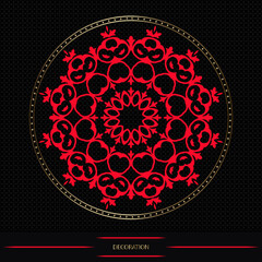 Round frame on black background, workpiece for your design. Decorative ornamental elements and motifs for round plate, decor, textile and print design. 