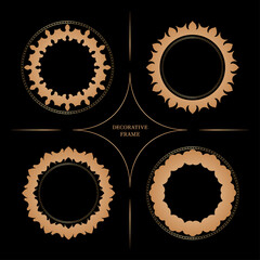 Set of 4 Luxury ornamental element design and frame gold color on black background. Design template for wallpaper. Isolated ornament. Vector Illustration.	