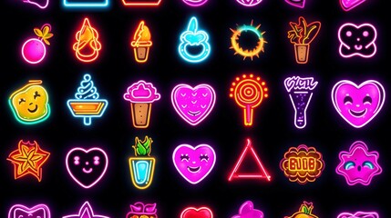 Pop art icons set. Pop art neon sign. Bright signboard, light banner. Neon isolated icon, emblem....