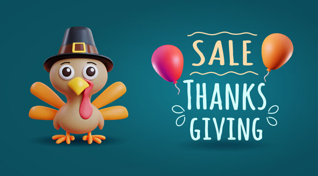 Thanksgiving sale banner with 3d cute turkey character in pilgrim hat and air balloons. 3d stylized vector illustration for sale event