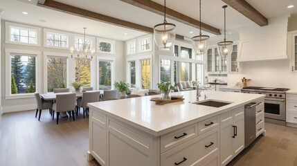 Traditional kitchen in beautiful new luxury home with hardwood floors, wood beams, and large island quartz counters. Includes farmhouse sink, elegant pendant lights, and large windows 