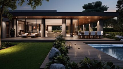 View of luxurious modern house exterior with dining space and garden 