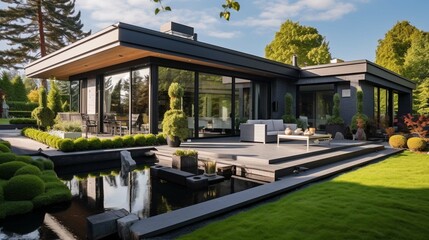 View of luxurious modern house exterior with dining space and garden 