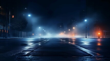 Wet asphalt, reflection of neon lights, a searchlight, smoke. Abstract light in a dark empty street with smoke, smog. Dark background scene of empty street, night view, night city. 