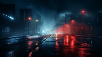 Wet asphalt, reflection of neon lights, a searchlight, smoke. Abstract light in a dark empty street with smoke, smog. Dark background scene of empty street, night view, night city. 