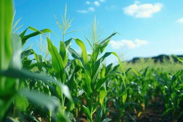 Fototapeta premium Landscape view of Corn field with blue sky background.