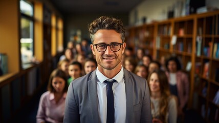 Fototapeta premium Portrait of a male lecturer in a university classroom looking into the camera, with students in the background.