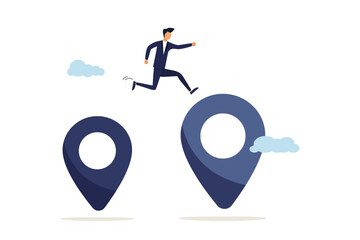 Moving office to new address concept, happy businessman carrying address pin or map mark running to new destination.