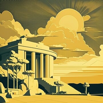 Line Drawing of Art Deco Golden Age Grand Mausoleum and Park in 1930s Los Angeles. From the series “Golden Age."