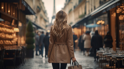 attractive blonde woman with shopping bags walking on a city street.