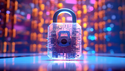 Cyber security and online data protection on internet. Cybersecurity, privacy, network technology. Encrypted data, holographic secure access system interface with lock icon