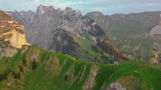 Sunset at Schaeffler mountain ridge swiss Alpstein, Appenzell Switzerland, a steep ridge of the majestic Schaeffler peak, Switzerland. 4K.