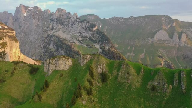 Sunset at Schaeffler mountain ridge swiss Alpstein, Appenzell Switzerland, a steep ridge of the majestic Schaeffler peak, Switzerland. 4K.