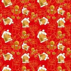 Seamless Christmas pattern of many house cookies, gingerbread, snowflakes and Christmas decorative items, red background.