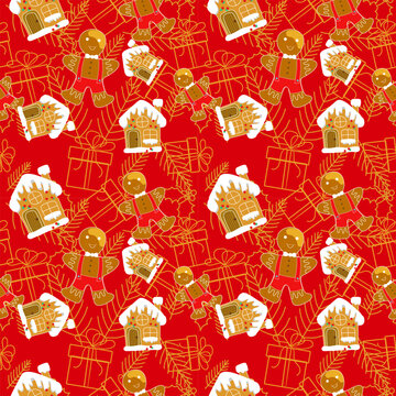 Seamless Christmas pattern of many house cookies, gingerbread, snowflakes and Christmas decorative items, red background.