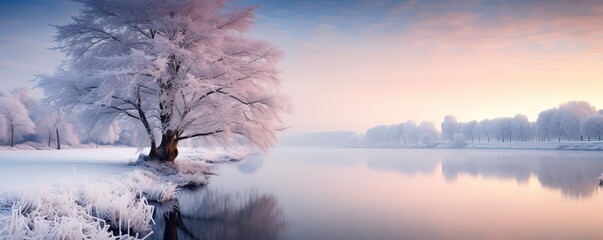  beautiful winter nature landscape covered with snow, big tree covered with ice,  Generative Ai