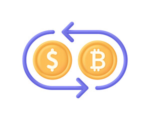 3D Currency exchange illustration. Concept of currency exchange or cash back. Dollar to bitcoin icon. Money conversion.