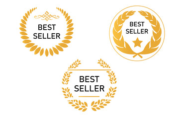 Sticker best seller set isolated premium quality in gold color perfect for mark best seller product. Best seller badge collection. Set of best seller emblem with laurel wreath, crown and star icon.