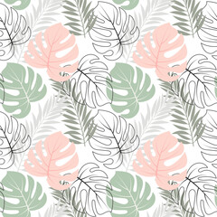 Seamless pattern with colored and contour tropical monstera leaves. Pastel colors. Print, background, textile, template, vector