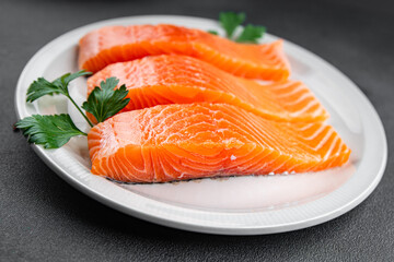 raw salmon fresh red fish seafood eating cooking meal food snack on the table copy space food background rustic top 