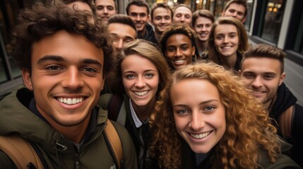 Multiethnic students taking a selfie outside.