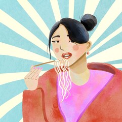 Chinese girl eats noodles  
