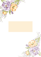 lilac delicate roses, light orange poppies, decorative twigs and leaves. Postcard. bouquets watercolor illustration on a white background. in the style of a sketch.