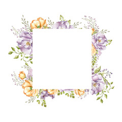 lilac delicate roses, light orange poppies, decorative twigs and leaves. bouquet watercolor illustration on a white background. in the style of a sketch.