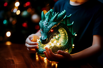 Child holds in hands toy dragon head with Christmas lights symbol of new year 2024 by chinese...