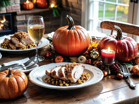 Thanksgiving feast spread with roasted turkey slices, sparkling wine, pumpkins, and a cozy fireplace ambiance, capturing the essence of fall celebrations. Happy Thanksgiving Scene. Generative AI.