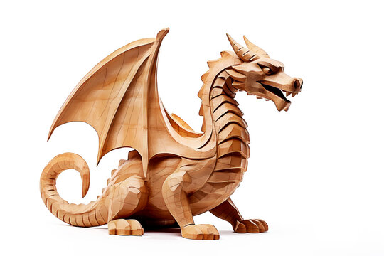 Wooden figure of realistic dragon made by wood carving isolated on white background. Symbol of 2024