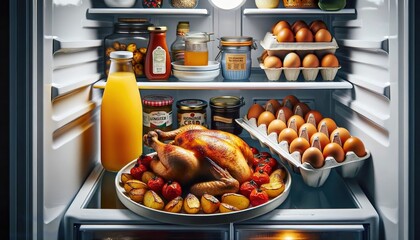Thanksgiving Scene. A tantalizing roasted turkey with golden potatoes and tomatoes nestled inside a well-stocked refrigerator, surrounded by fresh produce. Generative AI.