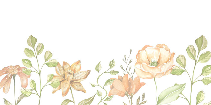 lilac delicate roses, light orange poppies, decorative twigs and leaves. Banner. bouquets watercolor illustration on a white background. in the style of a sketch.