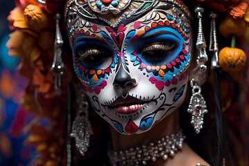 Beautiful woman with sugar skull makeup.Day of The Dead. Halloween.