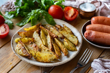Lunch for the whole family: Baked potatoes with spices on a beautiful plate on a wooden background. Close-up.