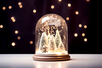 Decorative snow globe with snowy spruce or fir trees inside standing on wooden table on brown background with Christmas lights