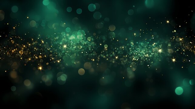 An abstract backdrop with deep emerald green and rich bronze particles. Radiant autumnal light shine particles bokeh on a forest green background. Bronze foil texture generated with AI technology