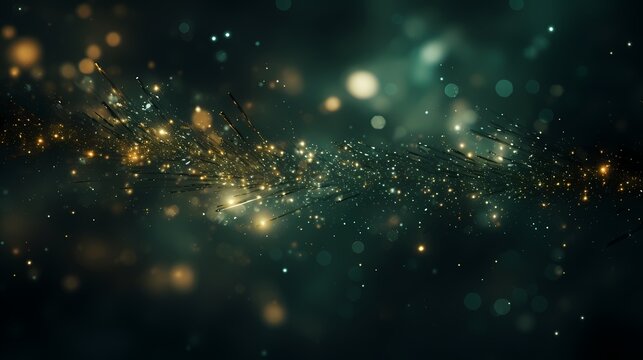 An abstract backdrop with deep emerald green and rich bronze particles. Radiant autumnal light shine particles bokeh on a forest green background. Bronze foil texture generated with AI technology